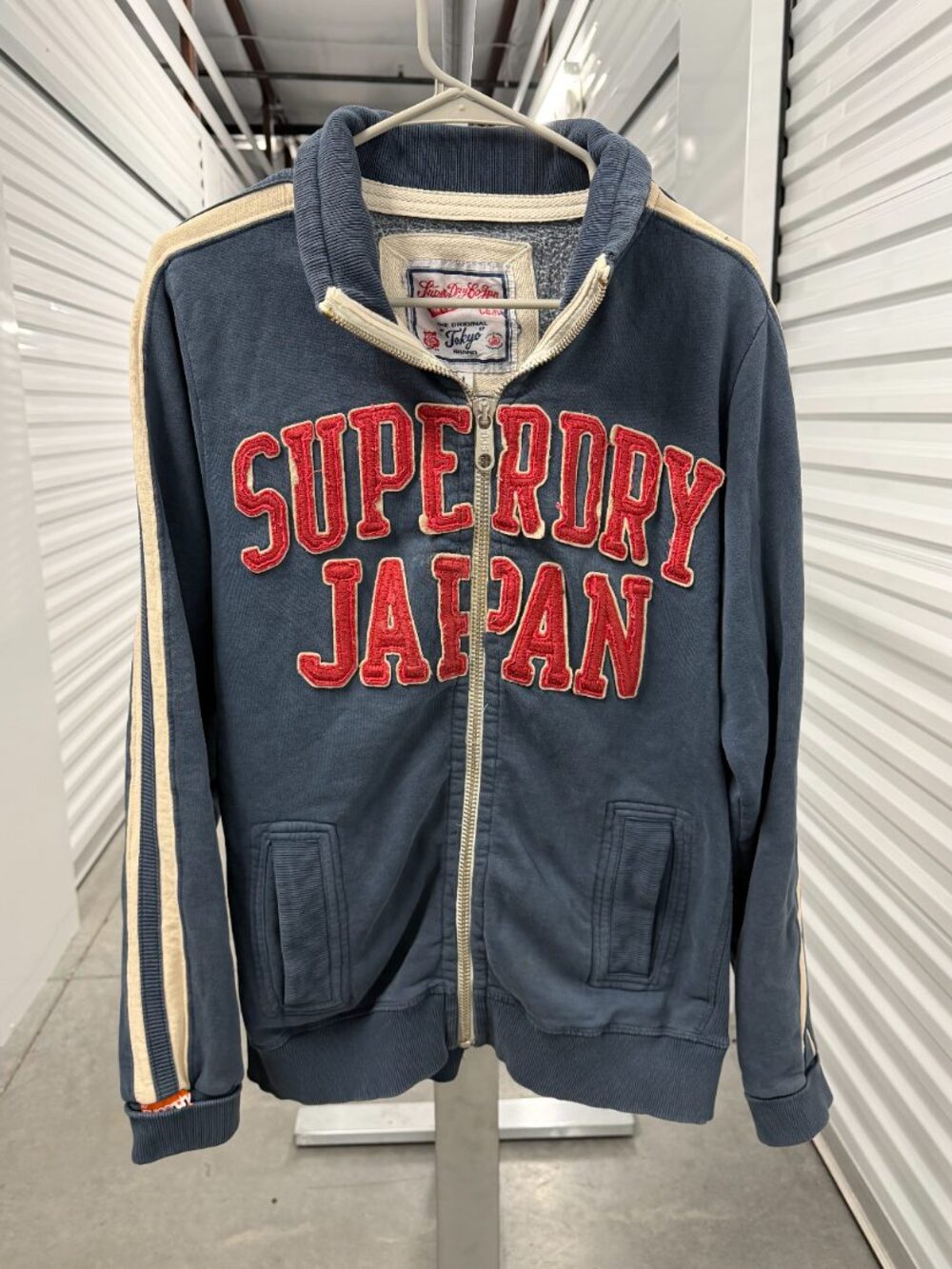 Superdry Japan Premium Goods Men's Blue Full Zip Sweatshirt Size L Tokyo Logo